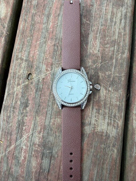 Geneva Jewelry - Geneva Womens Rhinestone Bezel Quartz Watch With Brown Textured Strap - Elegant